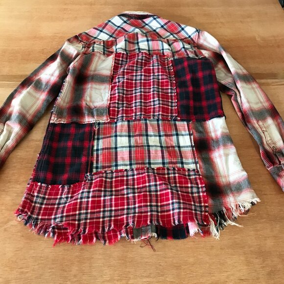 Diesel Top Women XS Red Plaid Patchwork Snap Button Up Long Sleeve Collared - Picture 2 of 13
